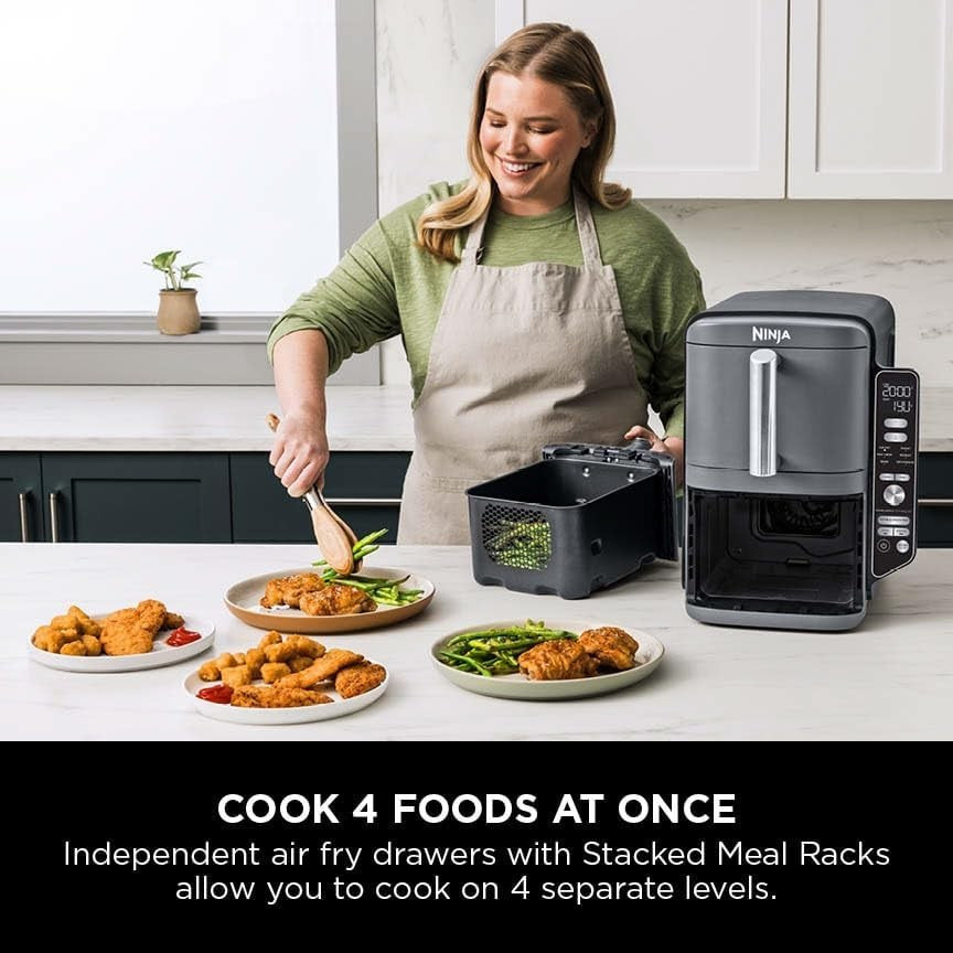 Vertical Dual Drawer Air Fryer 9.5L | Slim Space-Saving 4-Level Cooker | 6-in-1