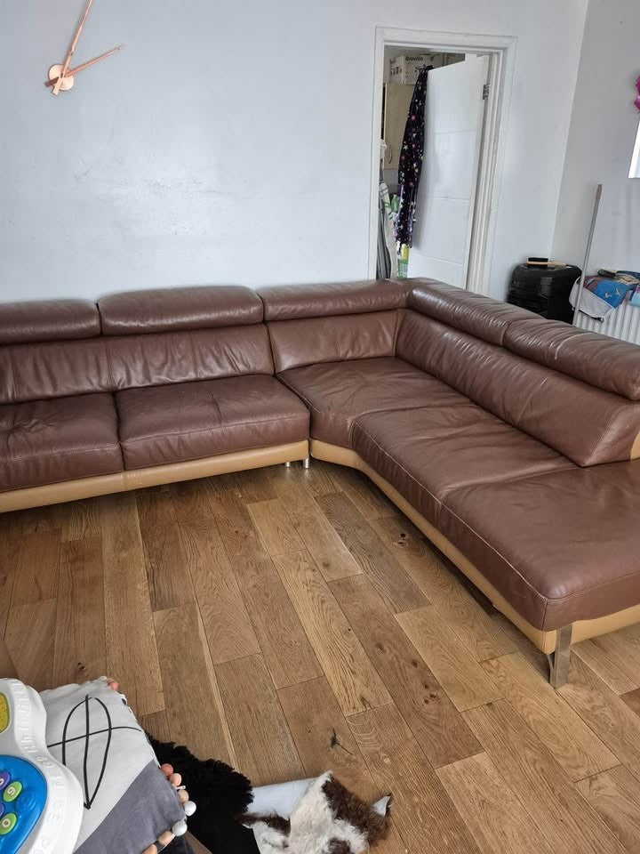 Double Brown Leather Corner Sofa (PTP)