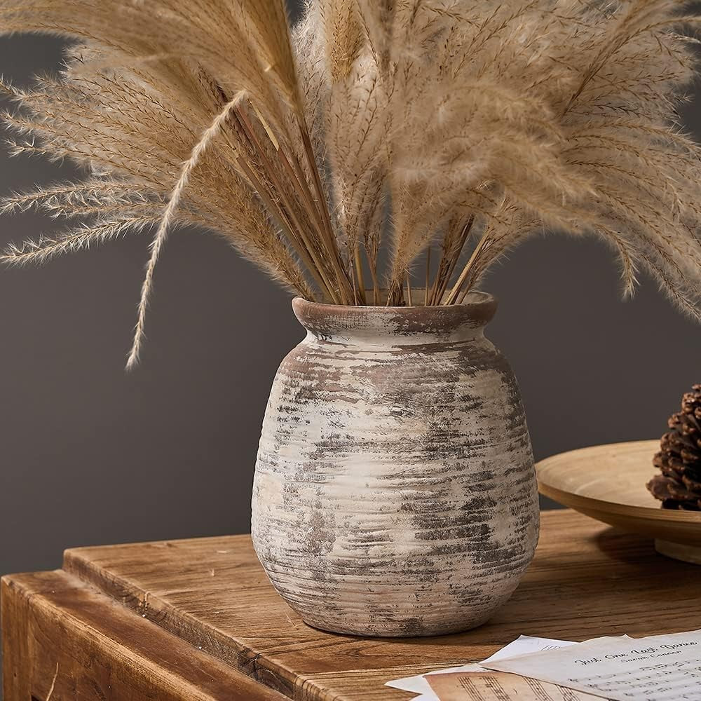 Rustic Terracotta Flower Vase 7.3in Whitewashed Ceramic Farmhouse Décor