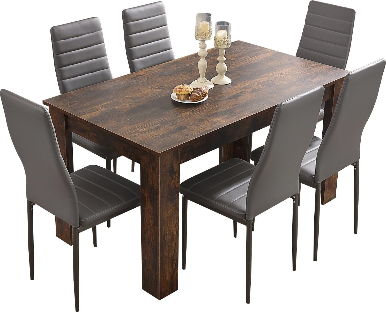 Rustic Dining Table Set 6 Chairs PU Leather Modern Wood 140x80cm