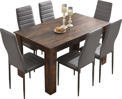 Rustic Dining Table Set 6 Chairs PU Leather Modern Wood 140x80cm
