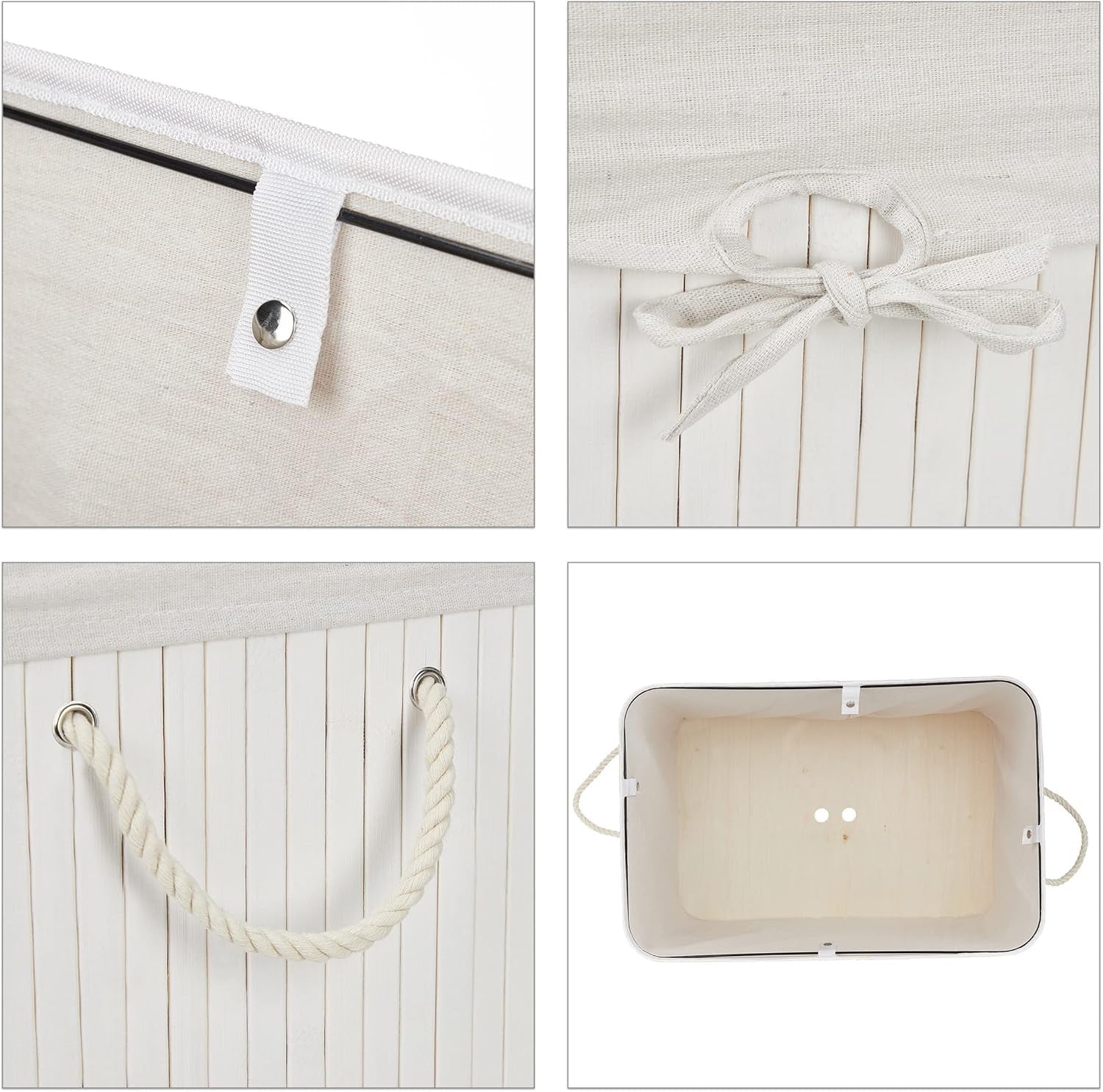 White Bamboo Laundry Basket 3-Compartment Sorter with Lid | Folding 62cm Hamper
