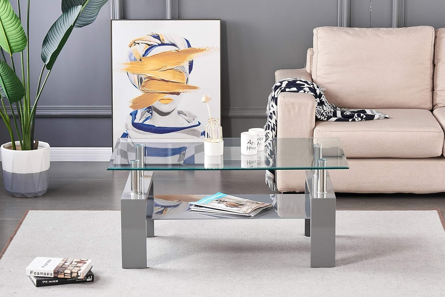 Modern Glass Top Coffee Table with Grey Shelf & High Gloss Legs – 100x60cm