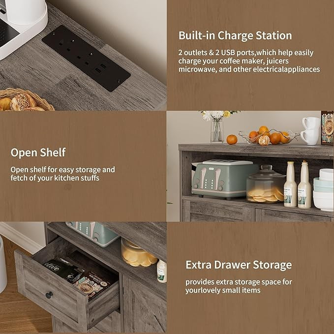 Wooden Sideboard Cabinet with Power Outlets 3 Drawer Storage Unit Grey