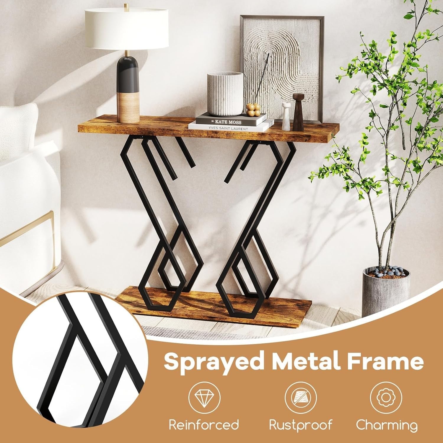 Slim Rustic Console Table Narrow Hallway Desk 100cm Metal Frame Modern