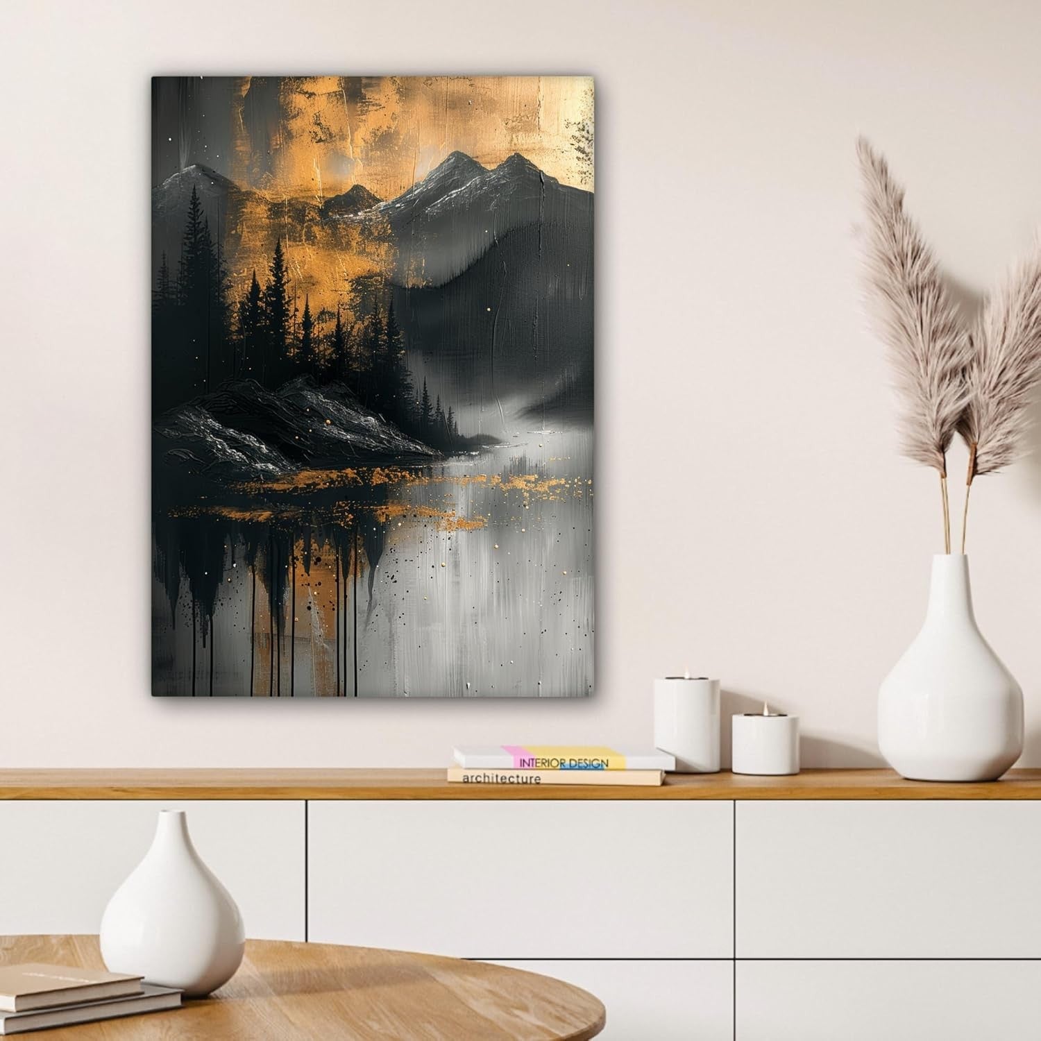 Forest Mountain Canvas Wall Art 50x70cm Gold Black Framed