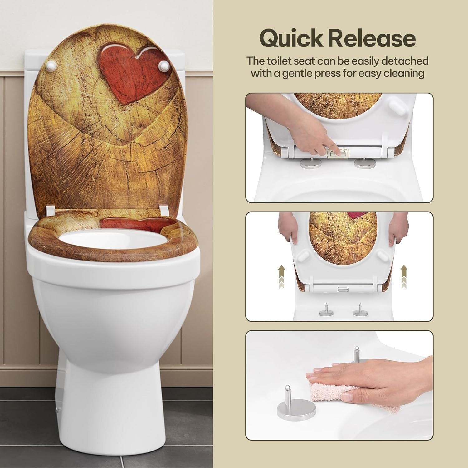 Soft Close O-Shaped Toilet Seat Quick Release Duroplast Rustic Wood Heart Print