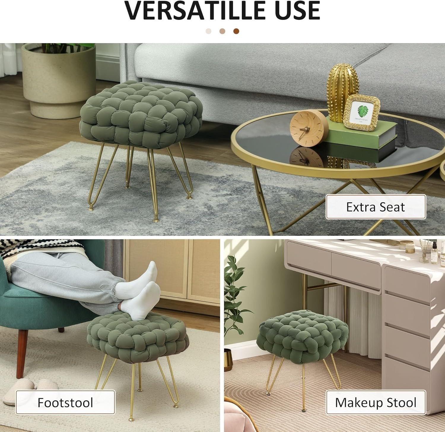 Dark Green Square Footstool Woven Velvet Ottoman Metal Leg Vanity Seat