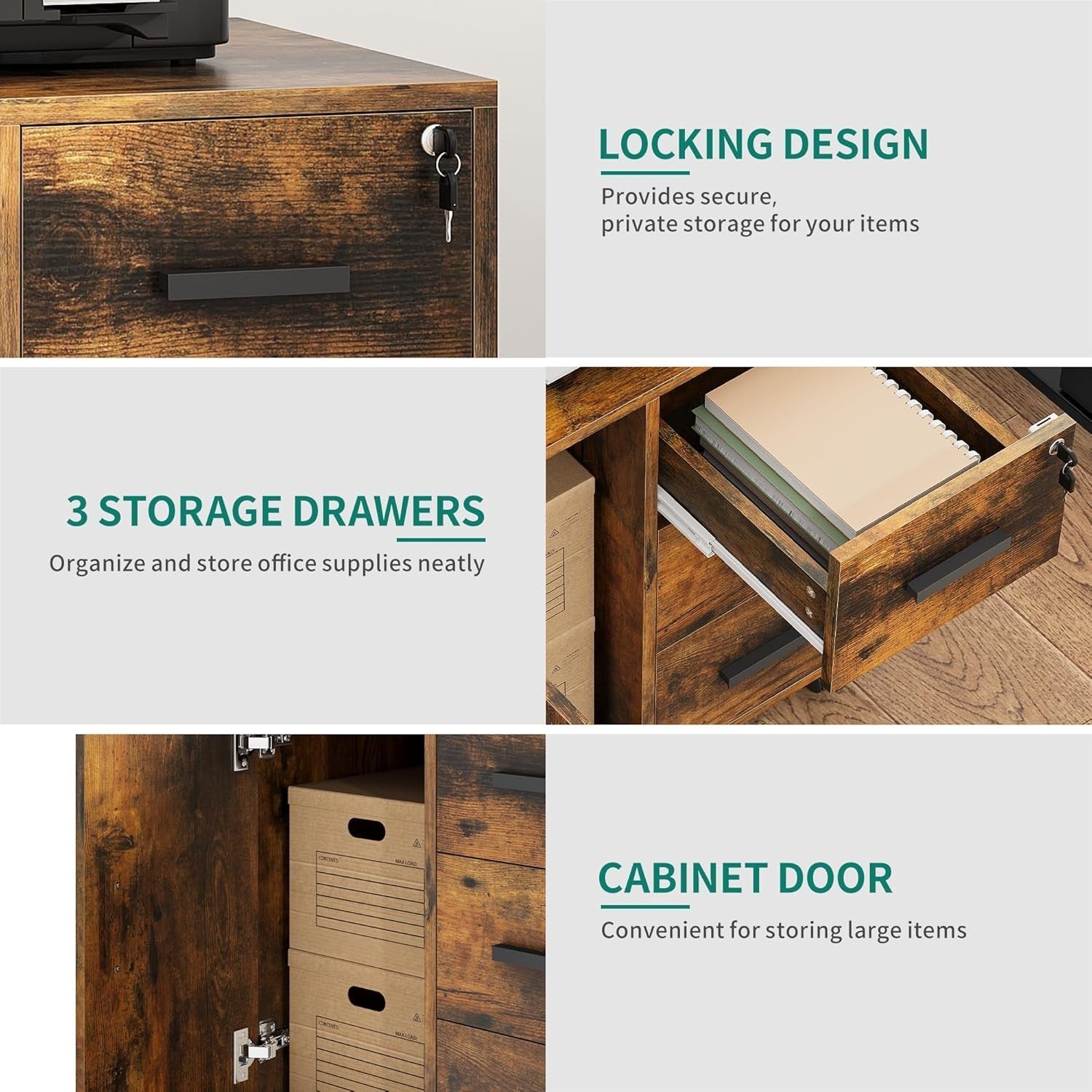 Mobile File Cabinet 3 Drawer Lockable Rolling Office Printer Stand