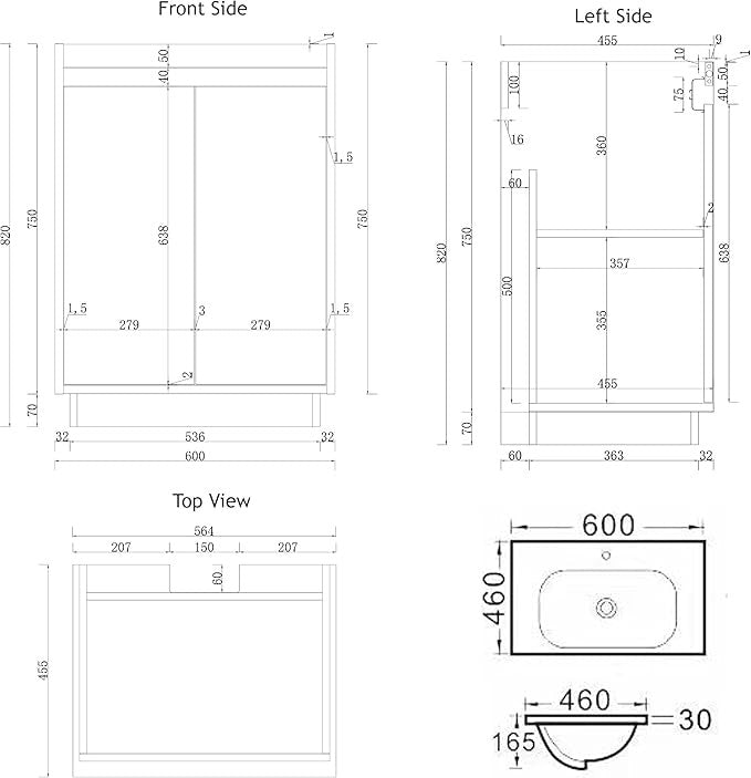 600mm Oak Floor Standing Vanity Unit with Basin Sink 2 Drawer Bathroom Cabinet