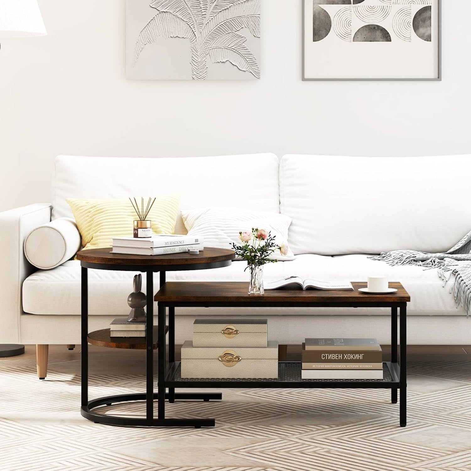2-in-1 Coffee Table Set Large Round Side Table Rustic Industrial Metal Wood