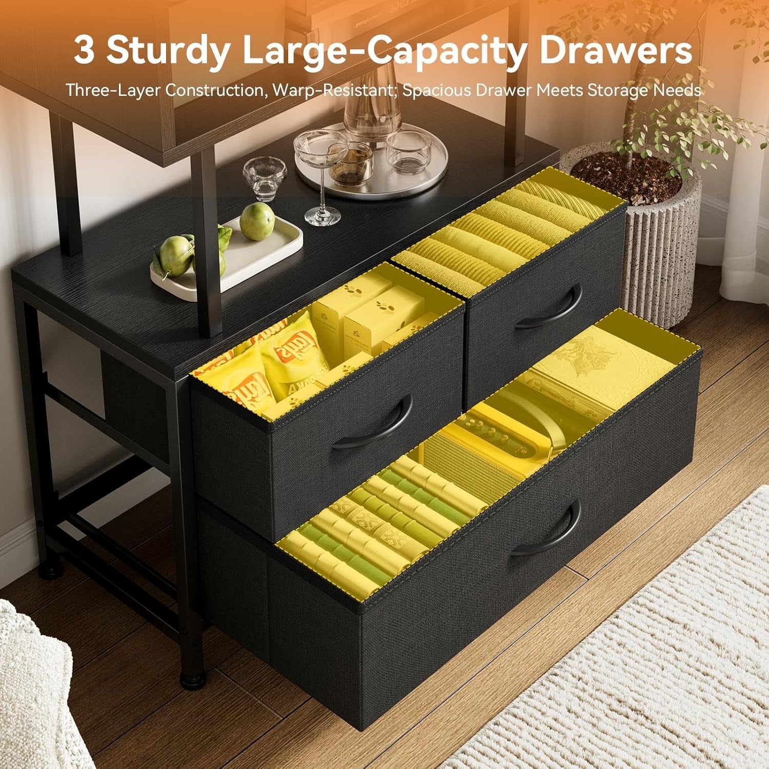 5 Tier Black Bookcase with 3 Fabric Drawers Metal Frame Storage Shelf 155cm
