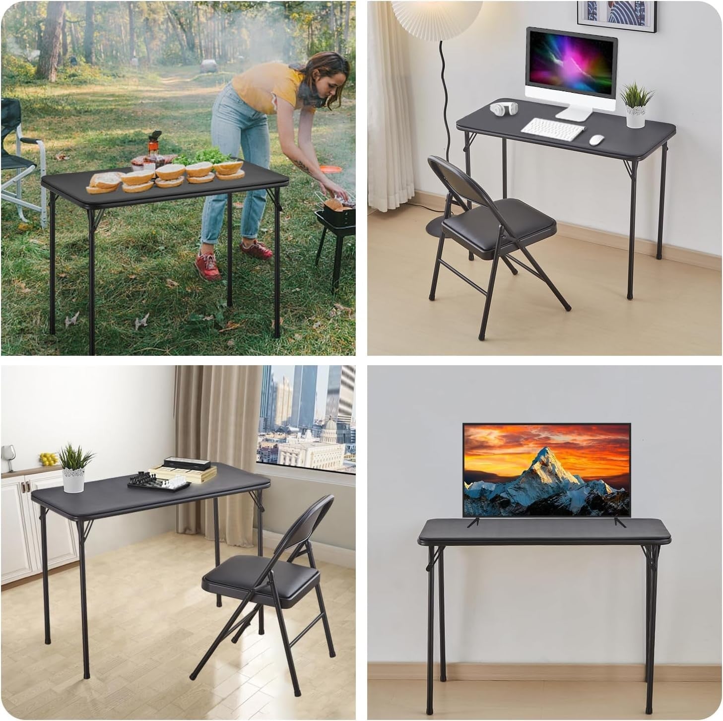 Small Foldable Metal Table with Vinyl Top Black Compact Lightweight Desk