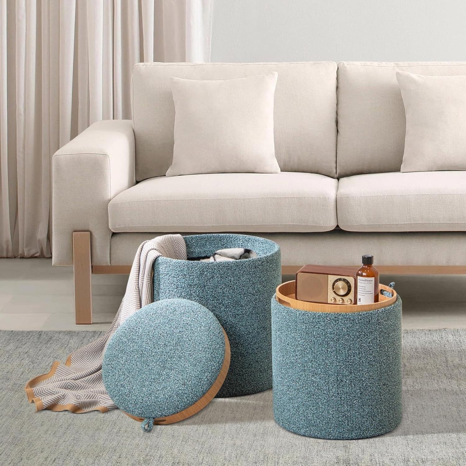 Blue Nesting Round Footstools Set of 2 Storage Ottomans with Tray Tops