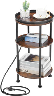 Small Round End Table with USB & Power Outlets, 3-Tier Rustic Side Table