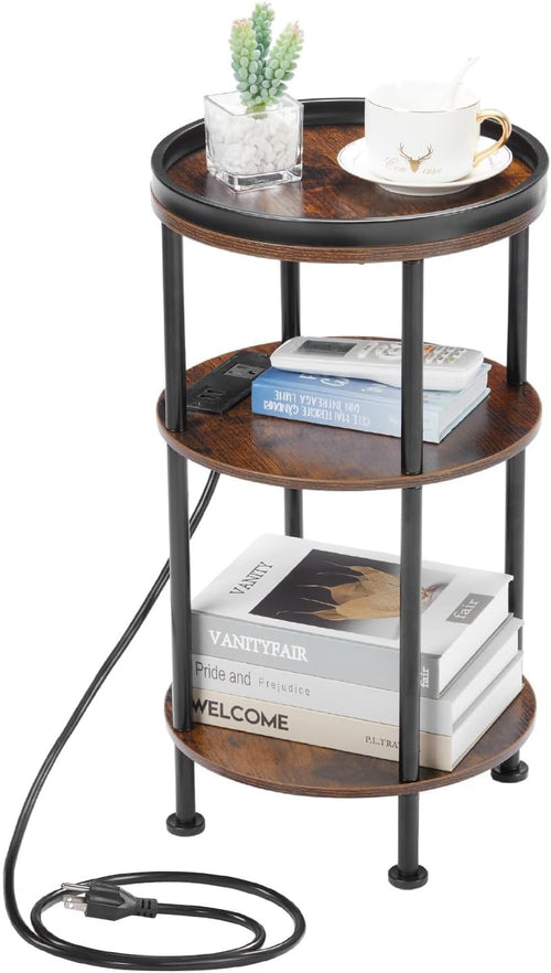 Small Round End Table with USB & Power Outlets, 3-Tier Rustic Side Table