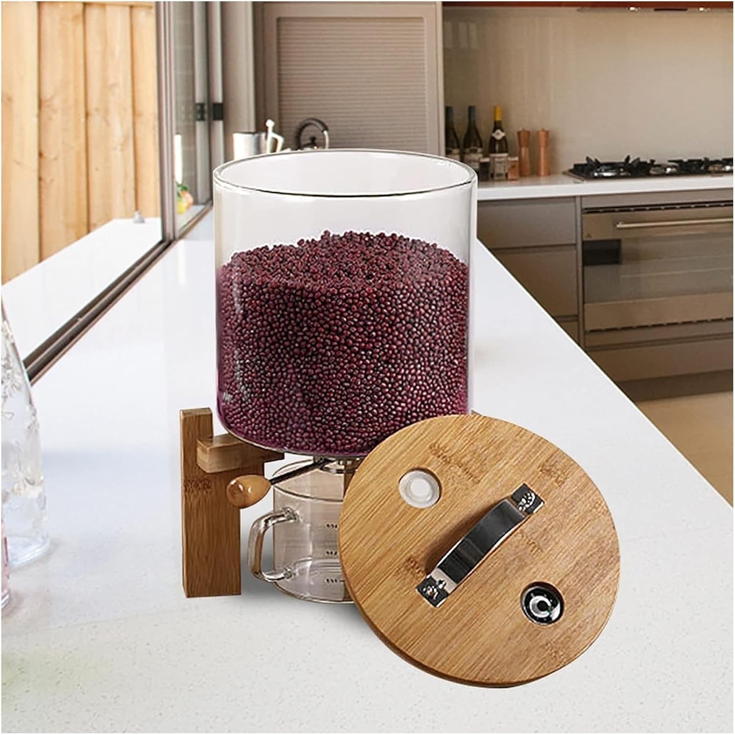 Glass Rice Dispenser 5L Grain Storage Container Wood Stand Airtight