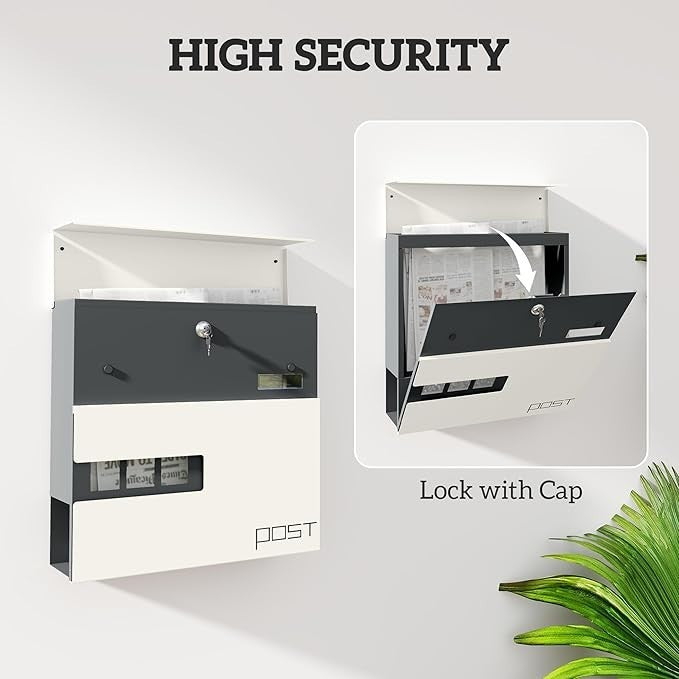 Wall Mounted Lockable Mailbox White Steel | Post Box with Viewing Window