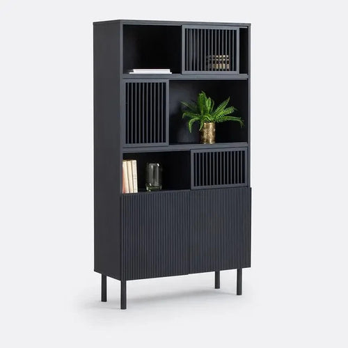 Black Oak Bookcase Cabinet with Sliding Doors & Soft Close Hinges 168cm