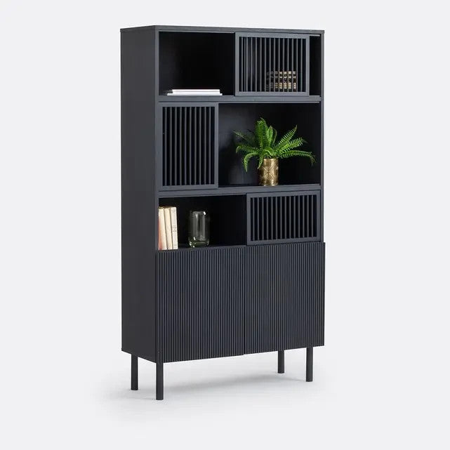 Black Oak Bookcase Cabinet with Sliding Doors & Soft Close Hinges 168cm