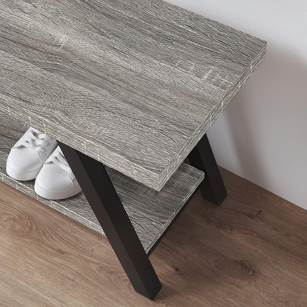 Light Grey Oak Farmhouse Entryway Storage Bench Metal Frame Shoe Rack Seat