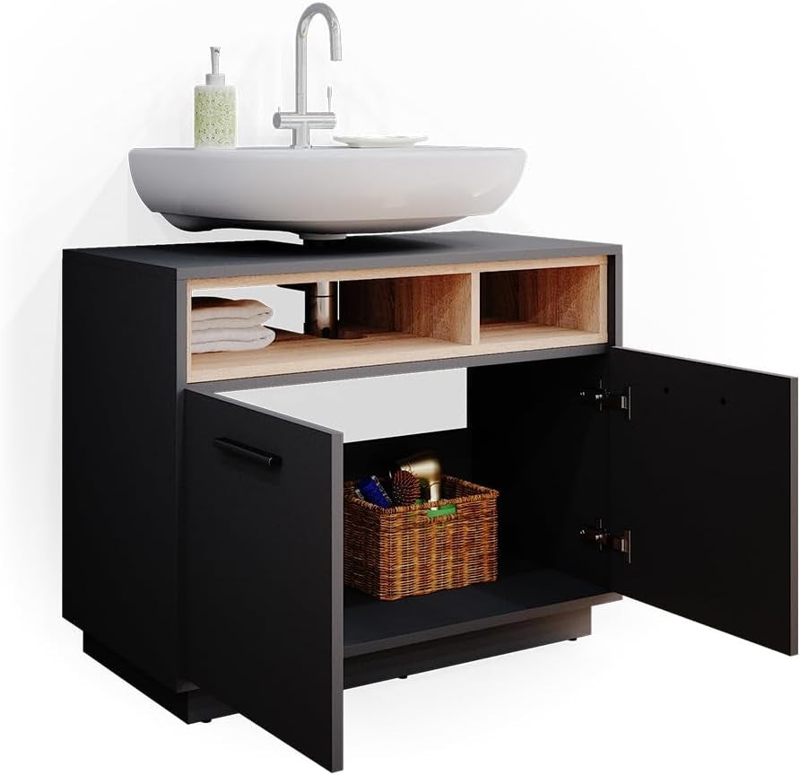 Anthracite Bathroom Sink Cabinet Vanity Storage Unit with Oak Shelves 80x64cm