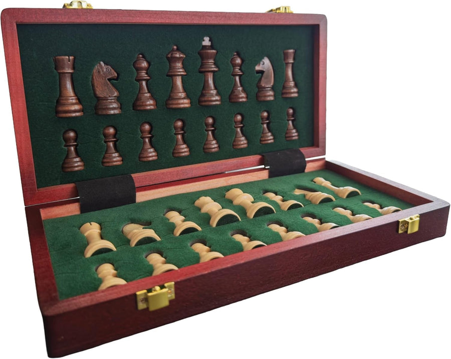 Magnetic Folding Wooden Chess Set 10" | Travel Chess Board with Storage Box
