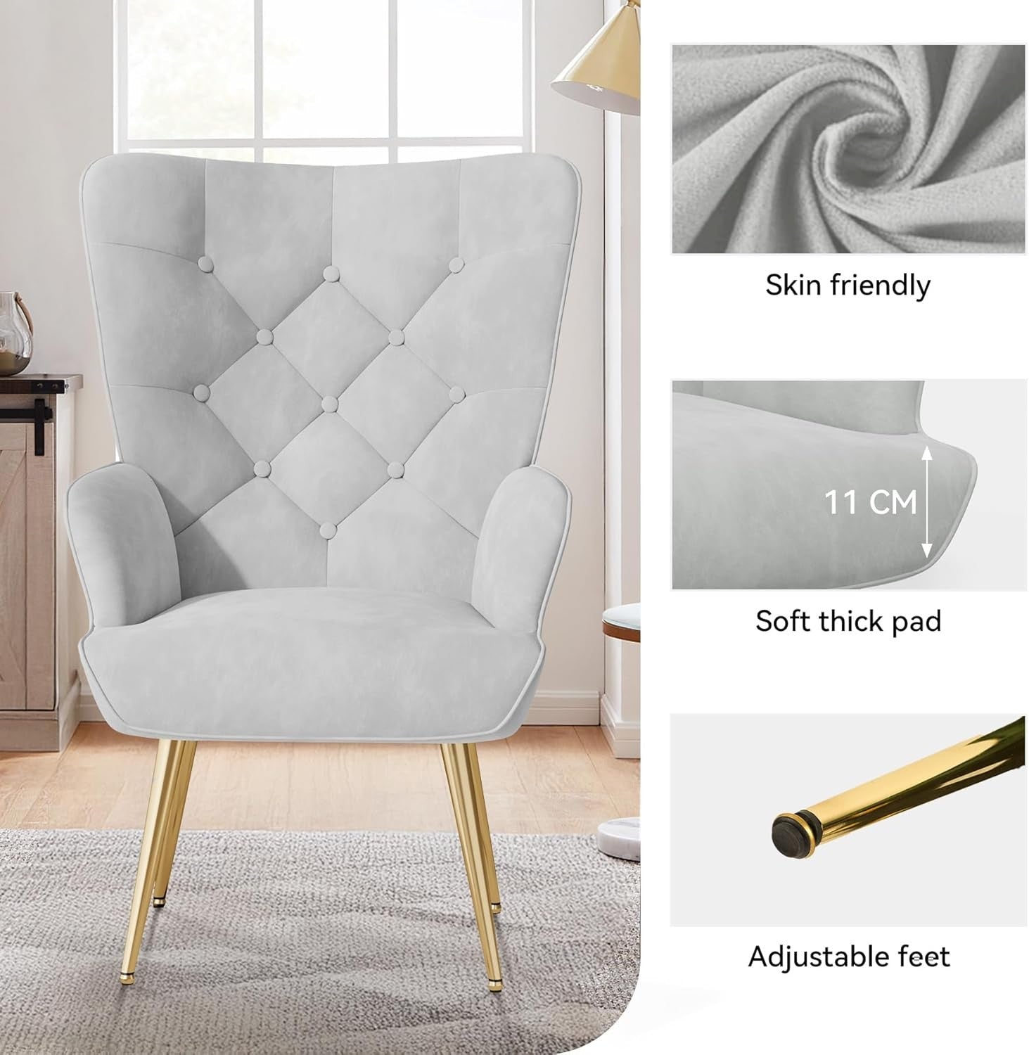 Velvet High Back Armchair Wing Back Gold Legs Grey
