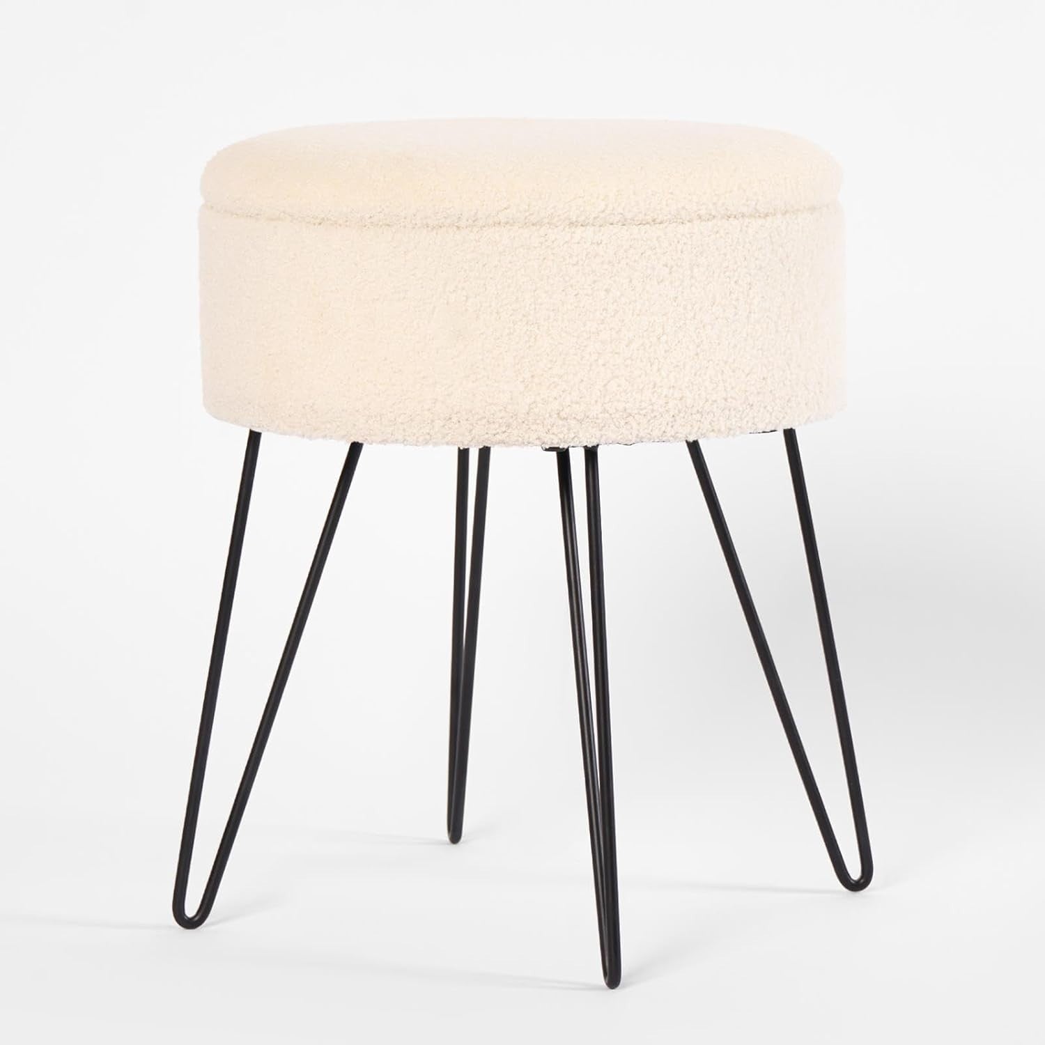 Cream Bouclé Storage Footstool Round Vanity Stool Hairpin Leg Ottoman