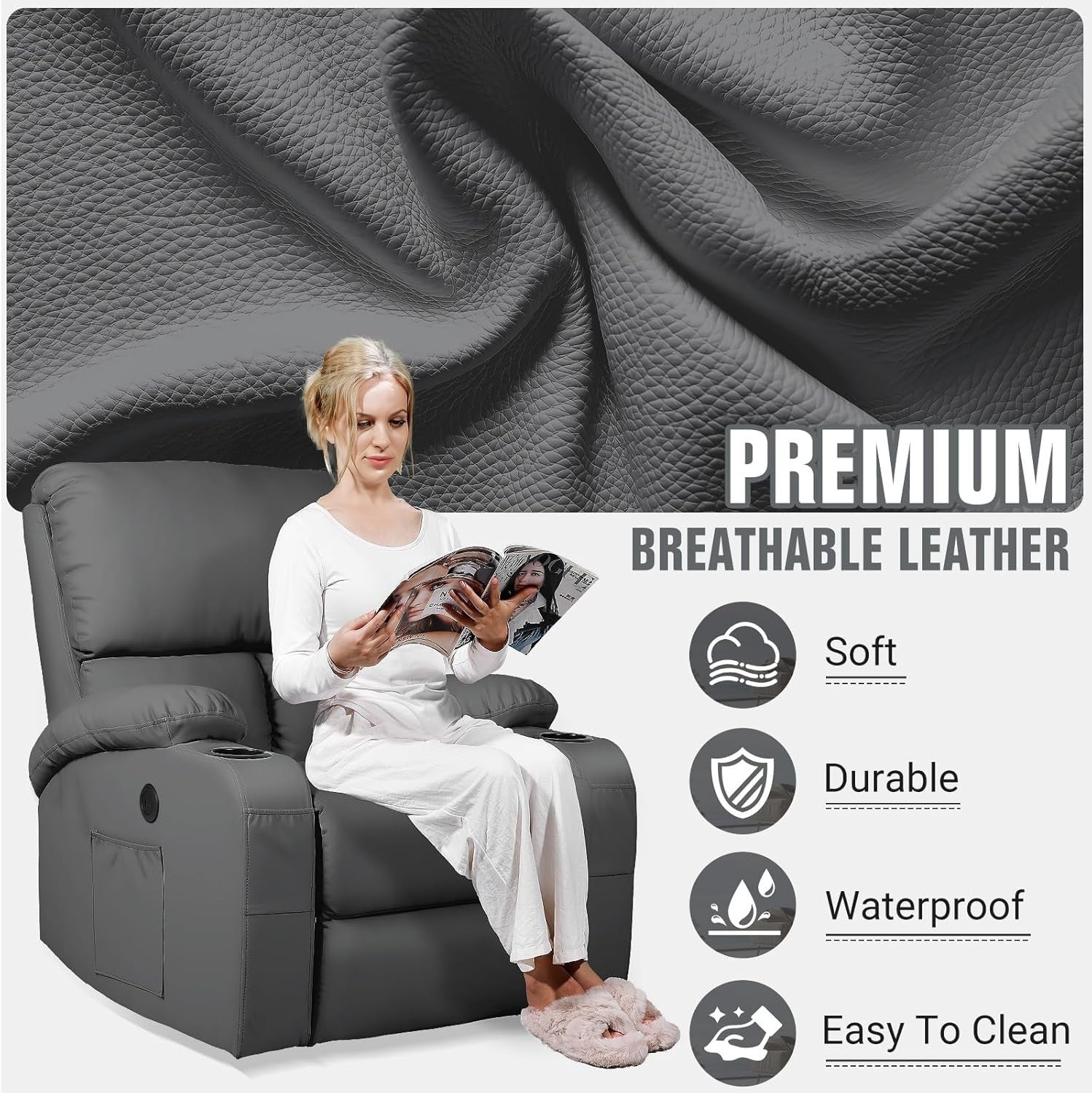 Swivel Rocker Recliner Massage Heat USB Type-C Faux Leather Dark Grey