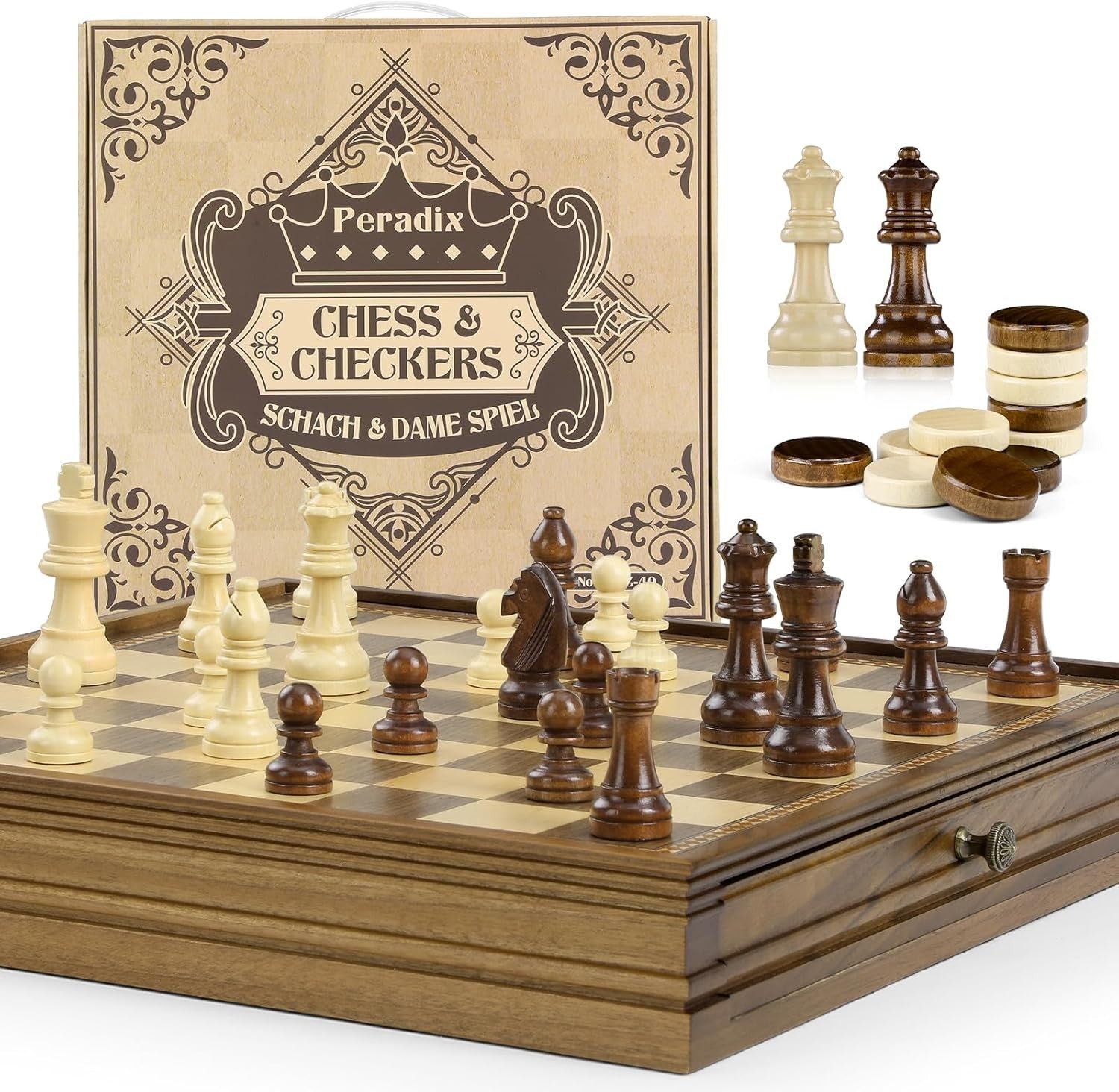 38cm Wooden Magnetic Chess Set with 2 Storage Drawers & Extra Queens