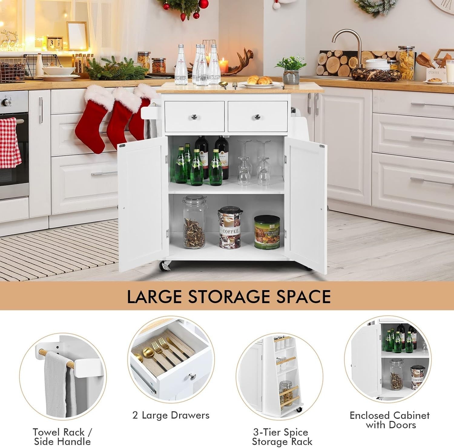 Kitchen Island Trolley with 2 Drawers & Spice Rack White 88x45x90cm