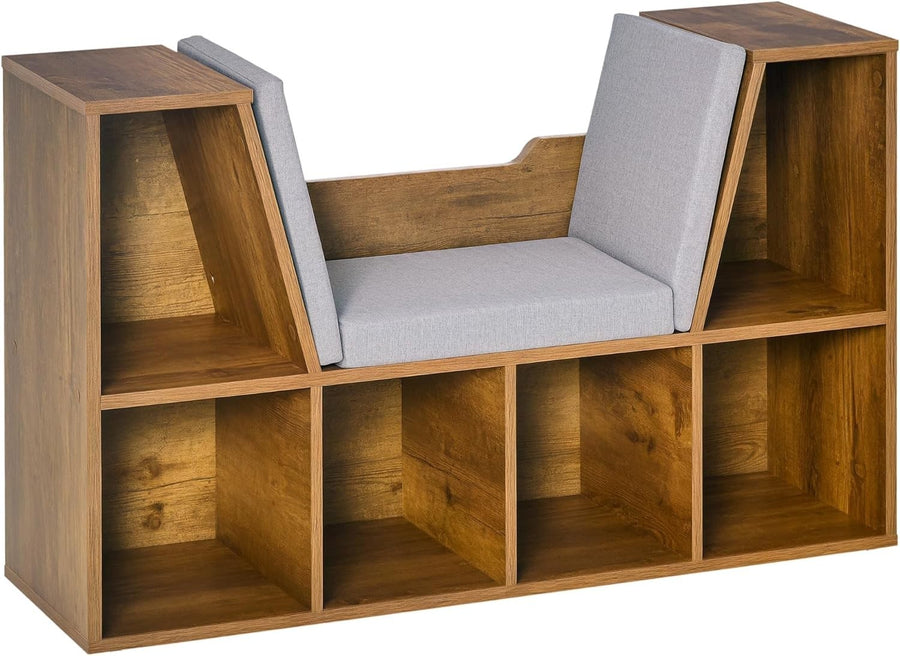 Bookcase with Cushioned Reading Seat 6 Cube Storage Bench Rustic Brown