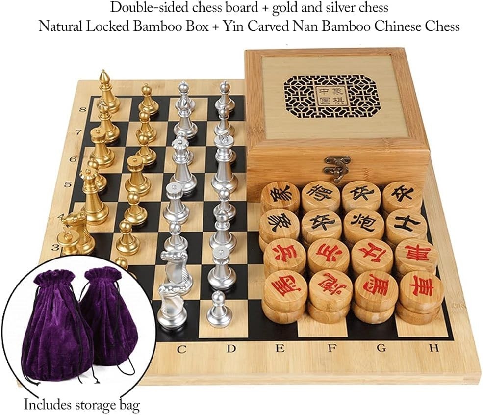 Wooden Xiangqi Travel Chess Set Double Sided Board 44cm Strategy Game