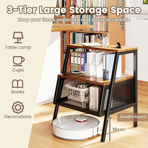 Industrial Bedside Table with Storage Shelves, Mesh Compartment & Wooden Top
