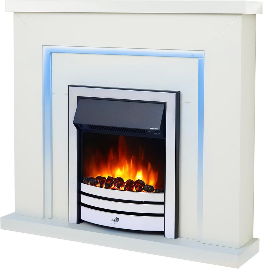 42" LED Electric Fireplace Suite White Surround Chrome Fire Remote Heat