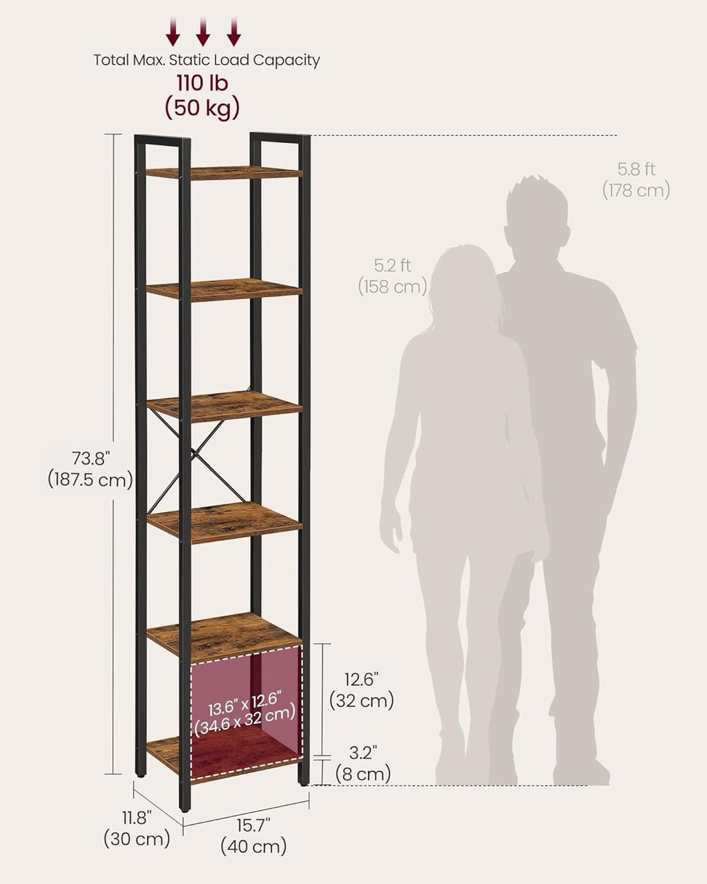 6-Tier Rustic Industrial Bookcase – Tall Narrow Storage Shelf 187.5cm