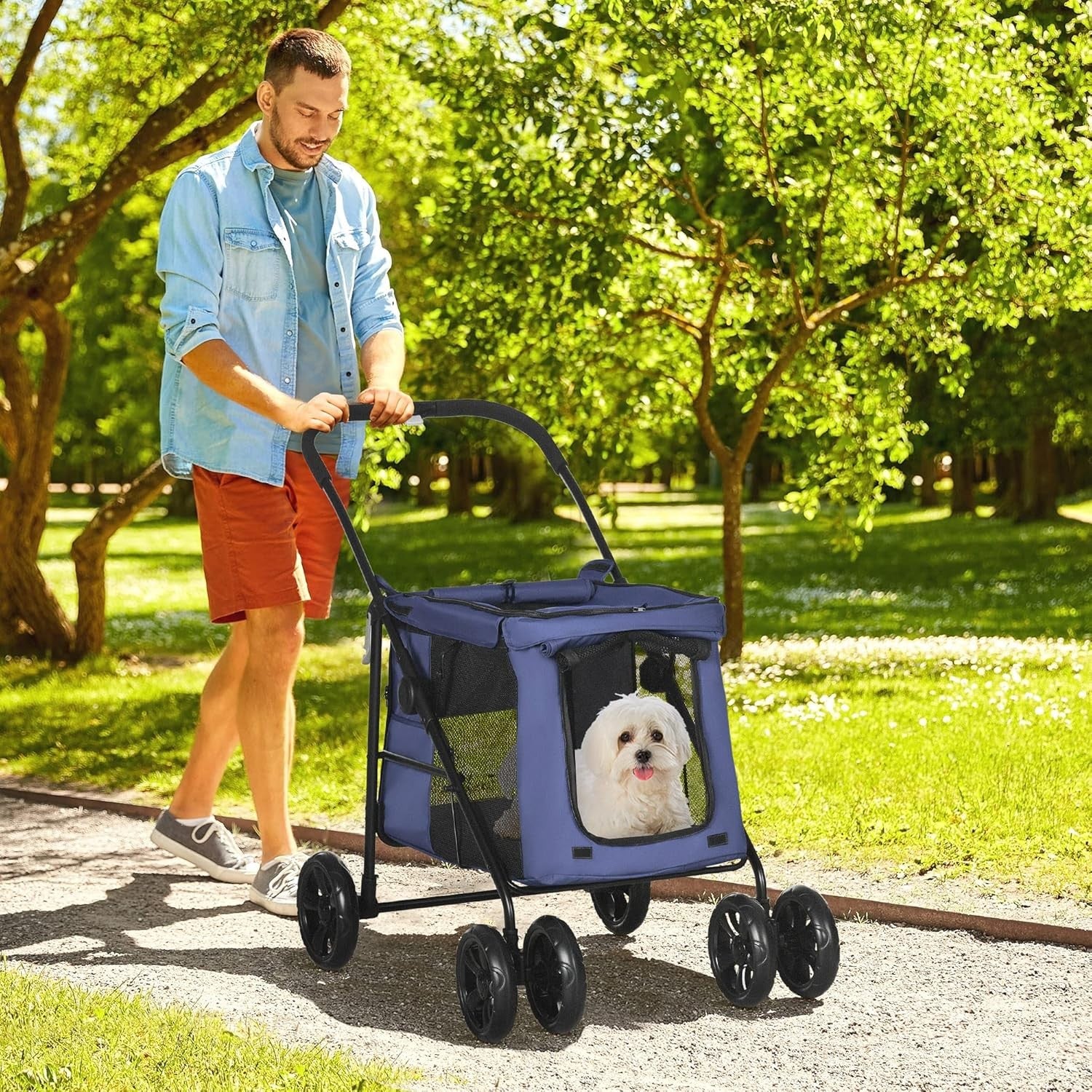 Dog Stroller Pushchair 4 Wheel Pet Pram Rolling Door Cushion Blue