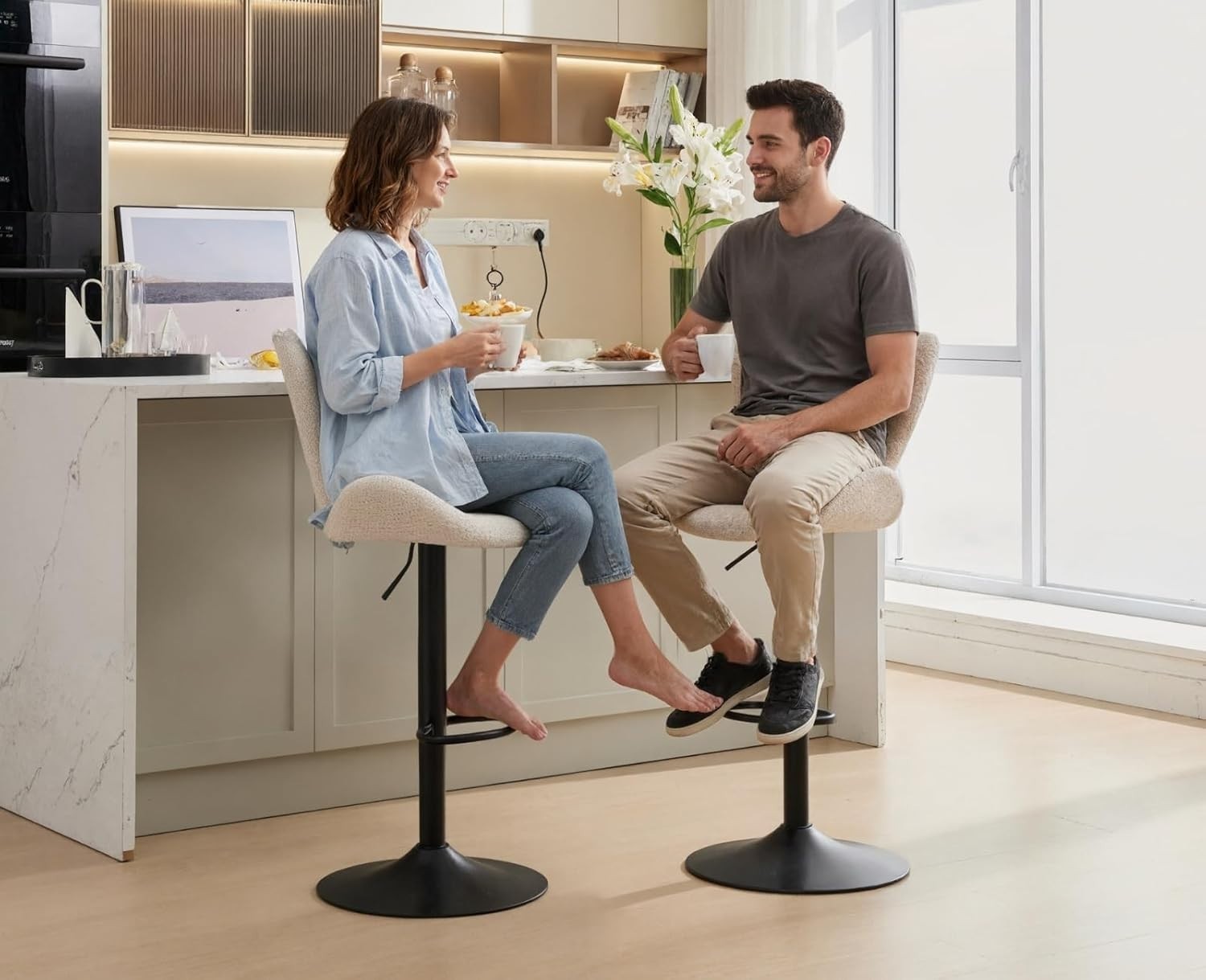 Oatmeal Wing-Back Bar Stools Set of 2 | Chenille Seat, Swivel & Adjustable