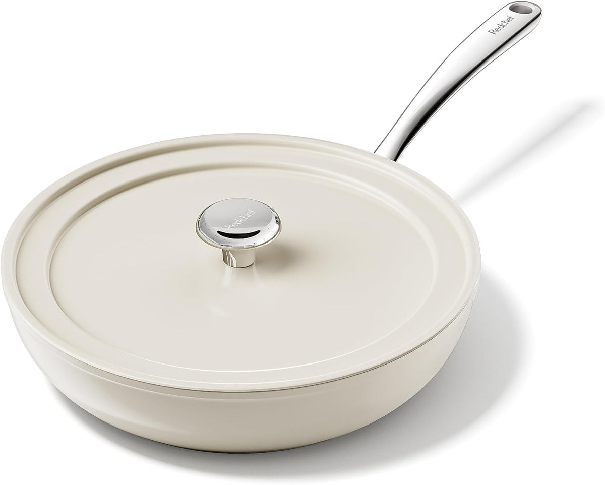 28cm Beige Ceramic Non Stick Frying Pan Saute Pan with Lid PTFE & PFAS PFOA Free