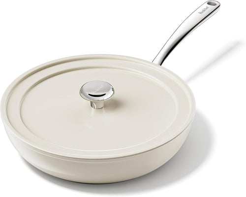 28cm Beige Ceramic Non Stick Frying Pan Saute Pan with Lid PTFE & PFAS PFOA Free