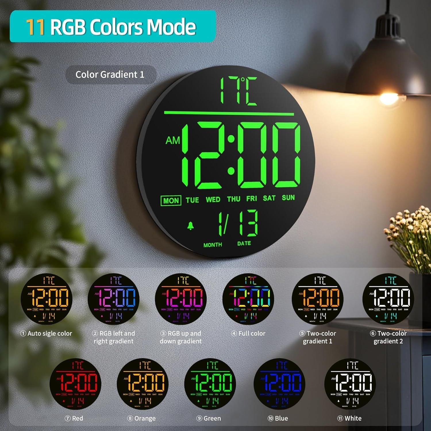 Black Green 10″ RGB Digital Wall Clock LED Large Display Remote Temperature