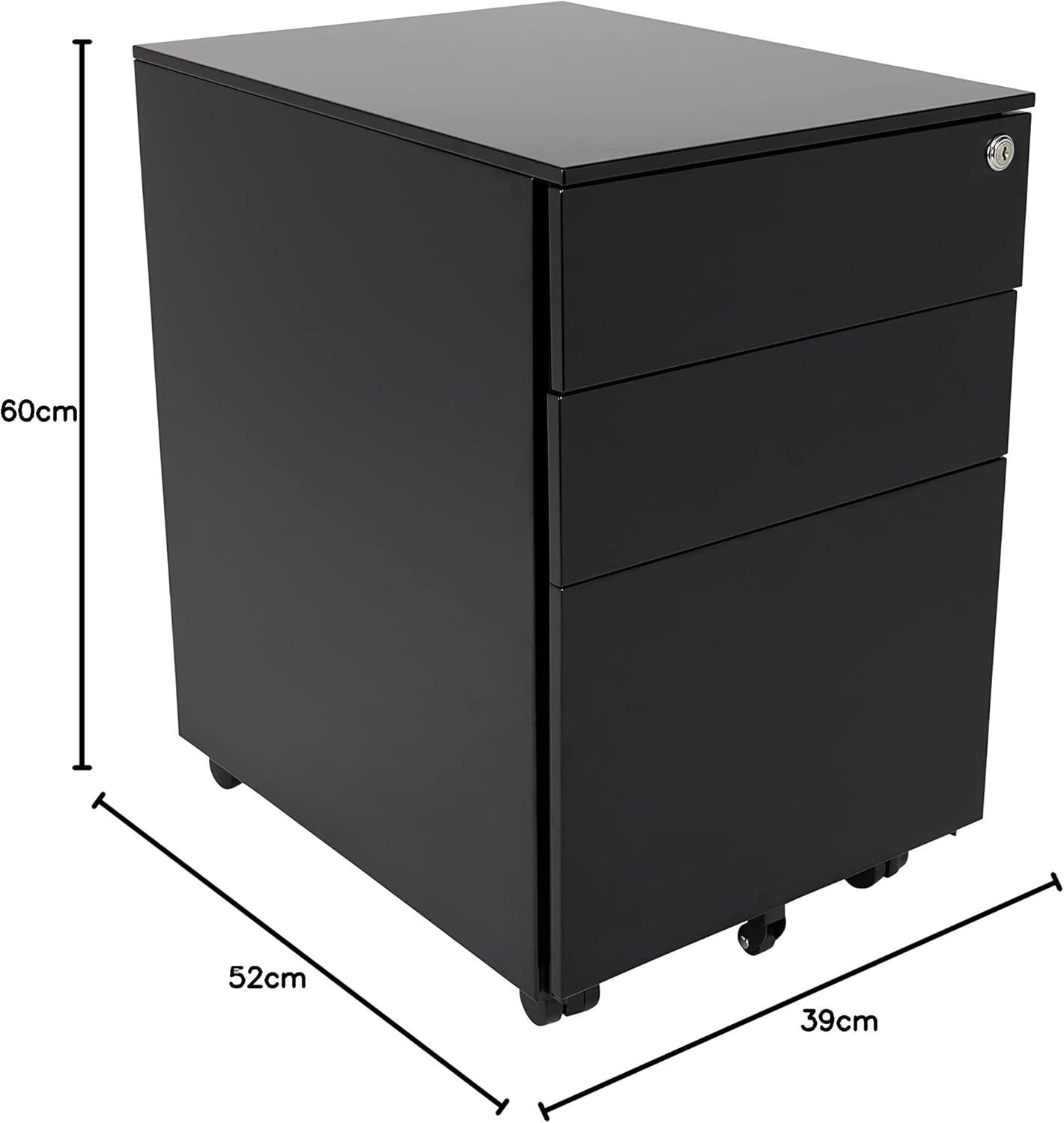 Black Wide Under Desk Filing Cabinet 3 Drawer Lockable 60cm