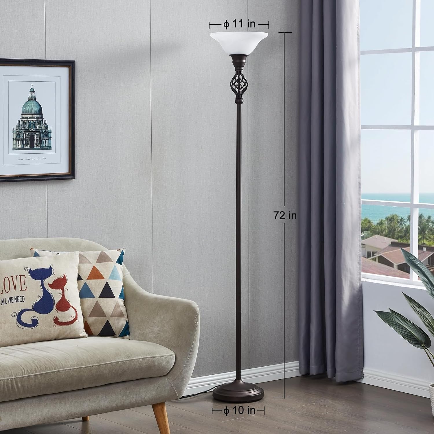 Torchiere Floor Lamp LED Reading Light Glass Shade Living Room Bedroom