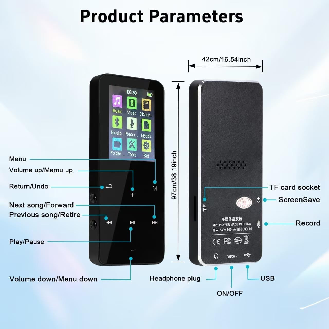 Portable MP3 Player with Bluetooth 5.3, HD Speaker & Voice Recorder – Black