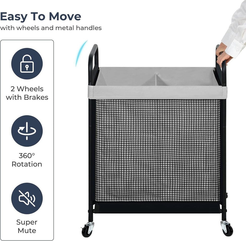 100L Rolling Laundry Hamper 2 Section Cart with Wheels Removable Washable Bag