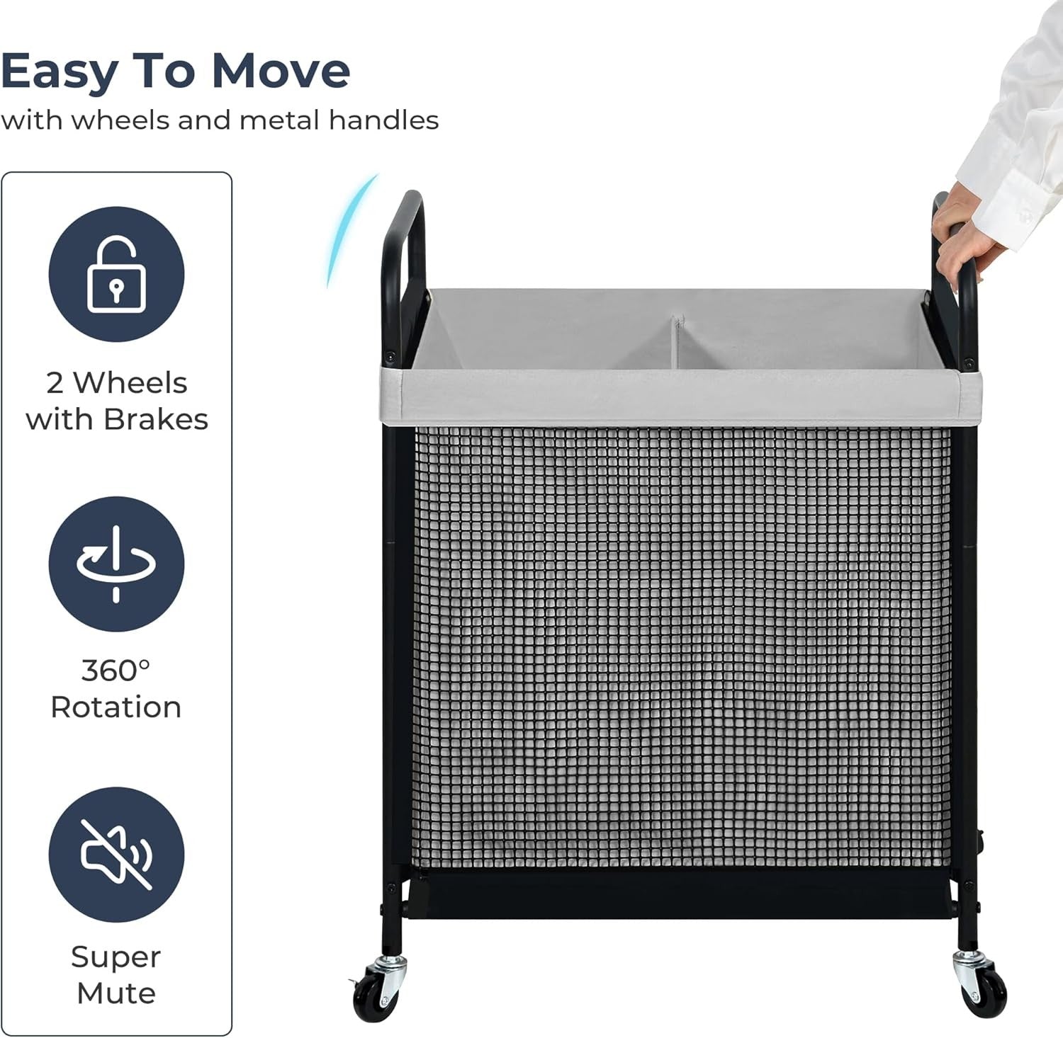 100L Rolling Laundry Hamper 2 Section Cart with Wheels Removable Washable Bag