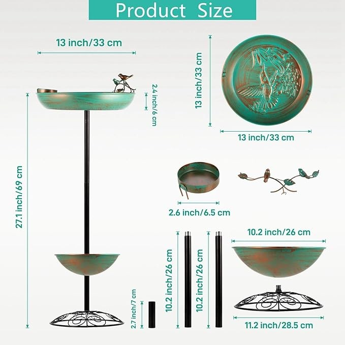 Copper Green Metal Bird Bath Feeder – Elegant Garden Décor with Flat Base 69cm