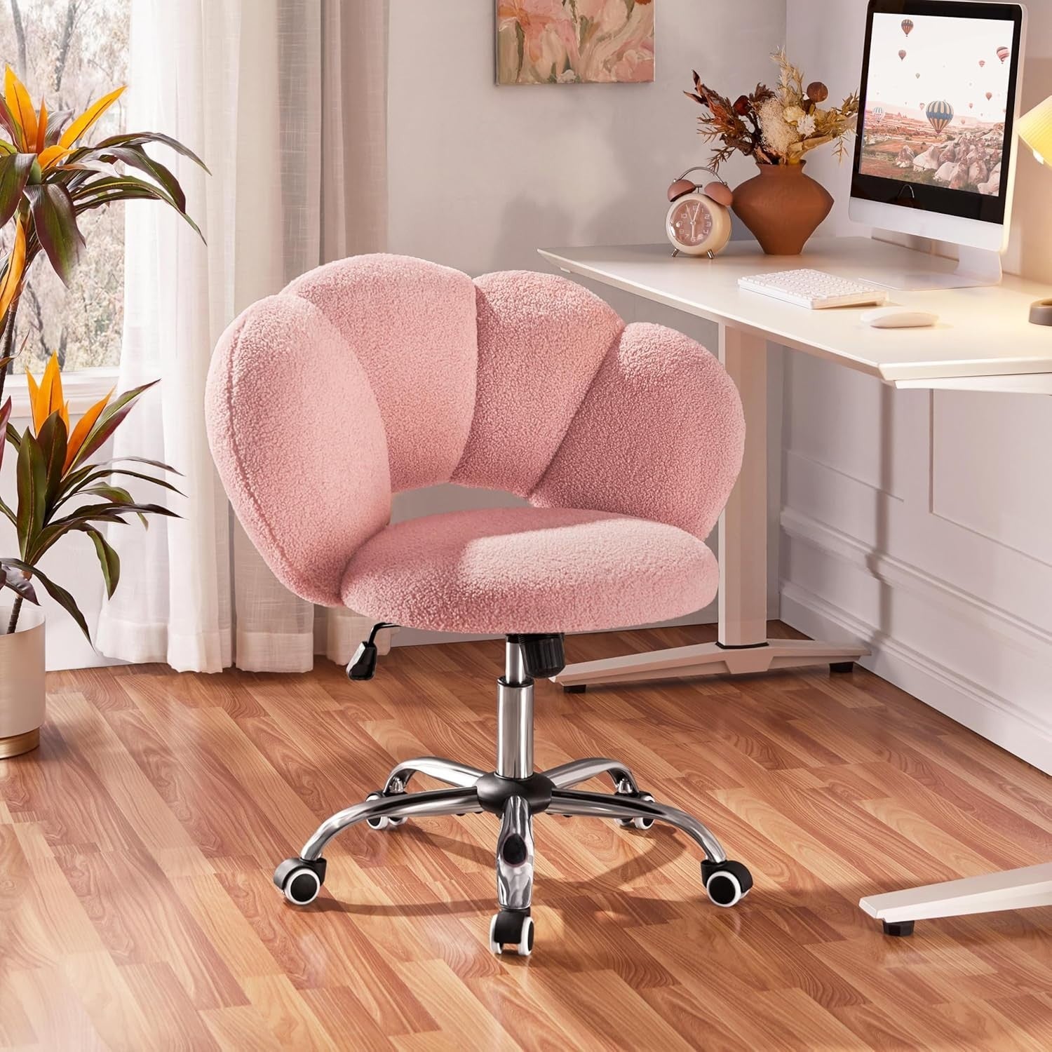 Pink Boucle Cloud Vanity Chair Swivel Adjustable Desk Chair with Wheels