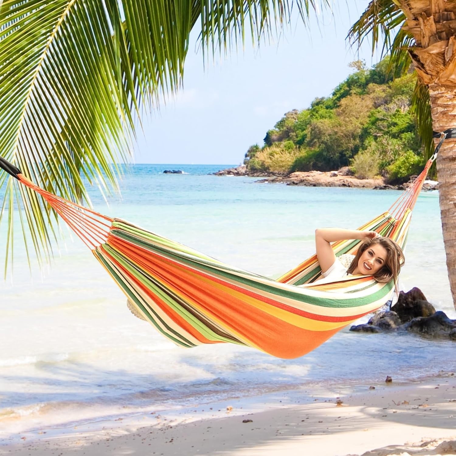 Portable Cotton Hammock with Tree Straps & Travel Bag, 204lb Capacity